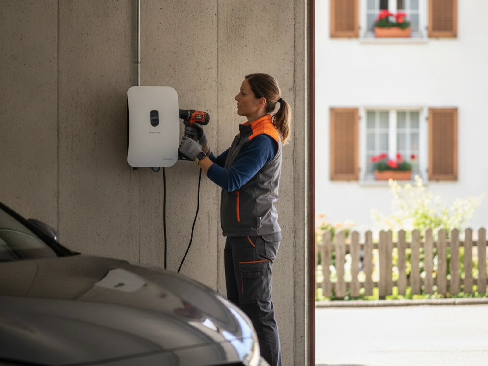 Électricien installant une borne de recharge pour voiture électrique à Lausanne