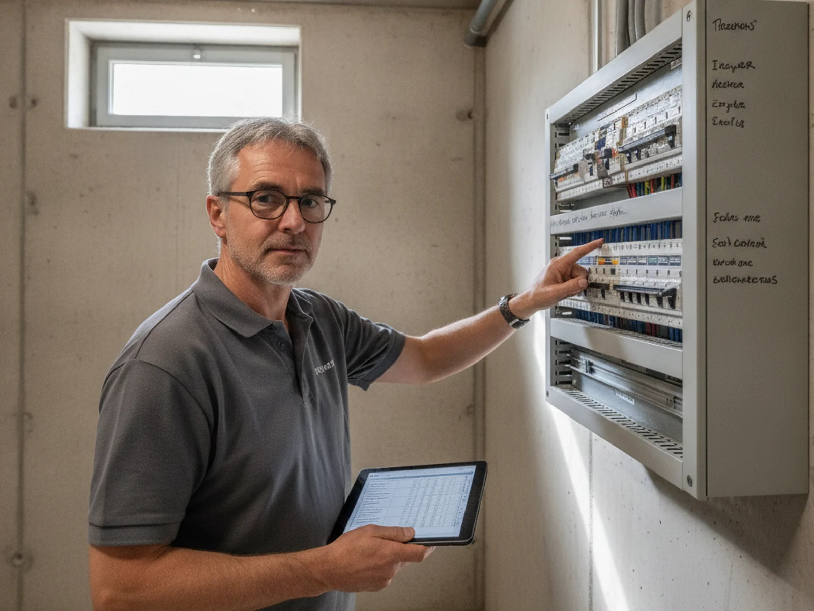 Électricien réalisant un contrôle OIBT sur un tableau électrique à Lausanne